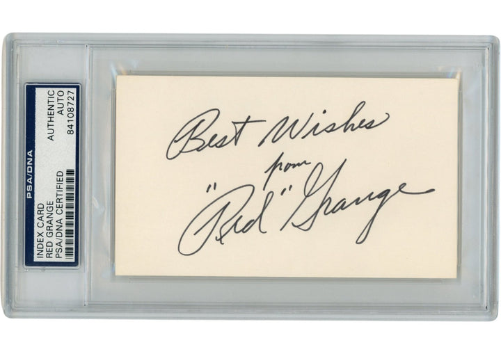 Red Grange Autographed Chicago Bears Index Card Best Wishes Slab PSA 54882