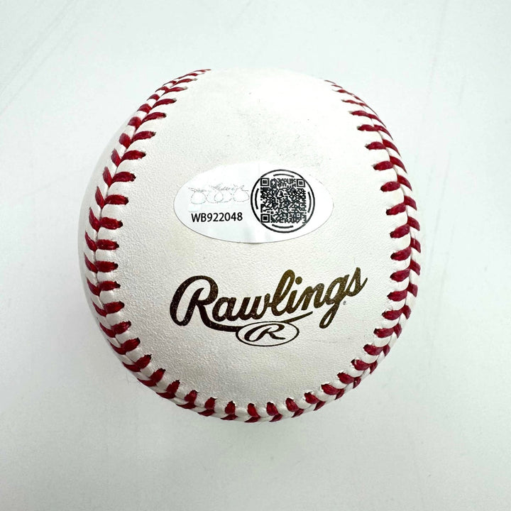 Autographed/Signed John Lackey 2016 World Series Rawlings ROML JSA COA