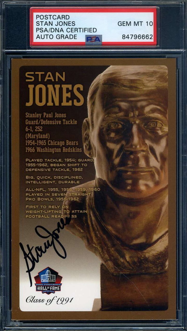 Stan Jones Gem Mint 10 PSA DNA Signed HOF Bronze Bust Postcard Autographed