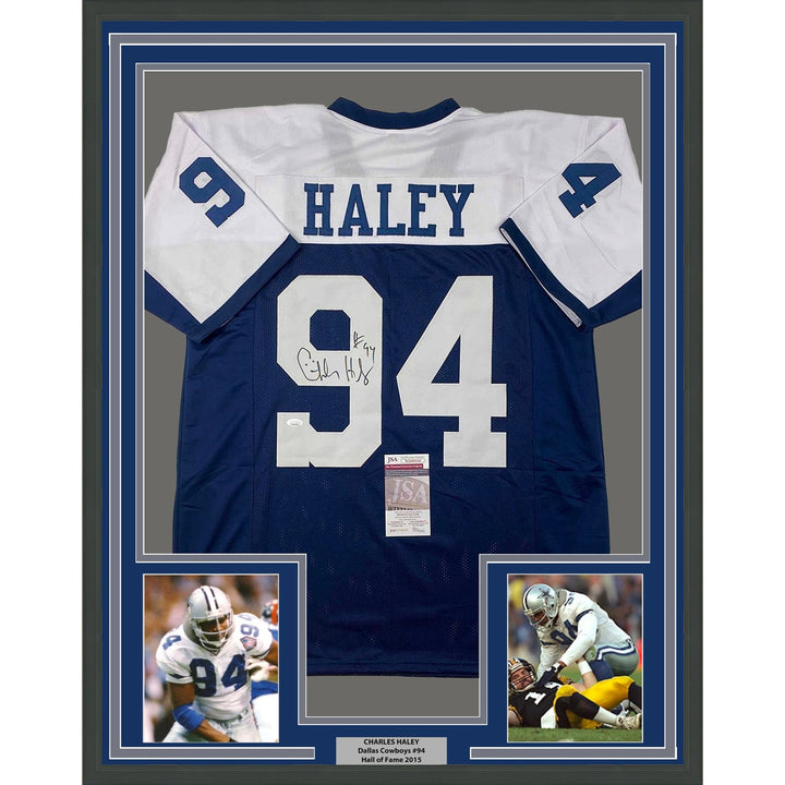 Framed Autographed/Signed Charles Haley 35x39 Dallas TG Day Jersey JSA COA