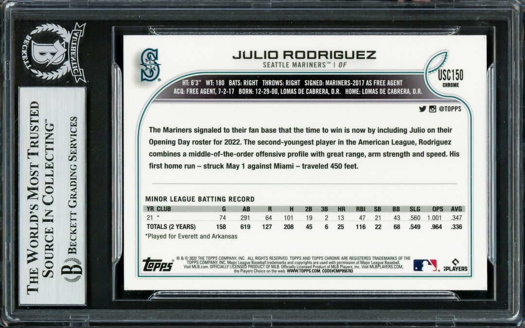Julio Rodriguez Auto 2022 Topps Chrome Update Purple Refractors RC USC150 BAS