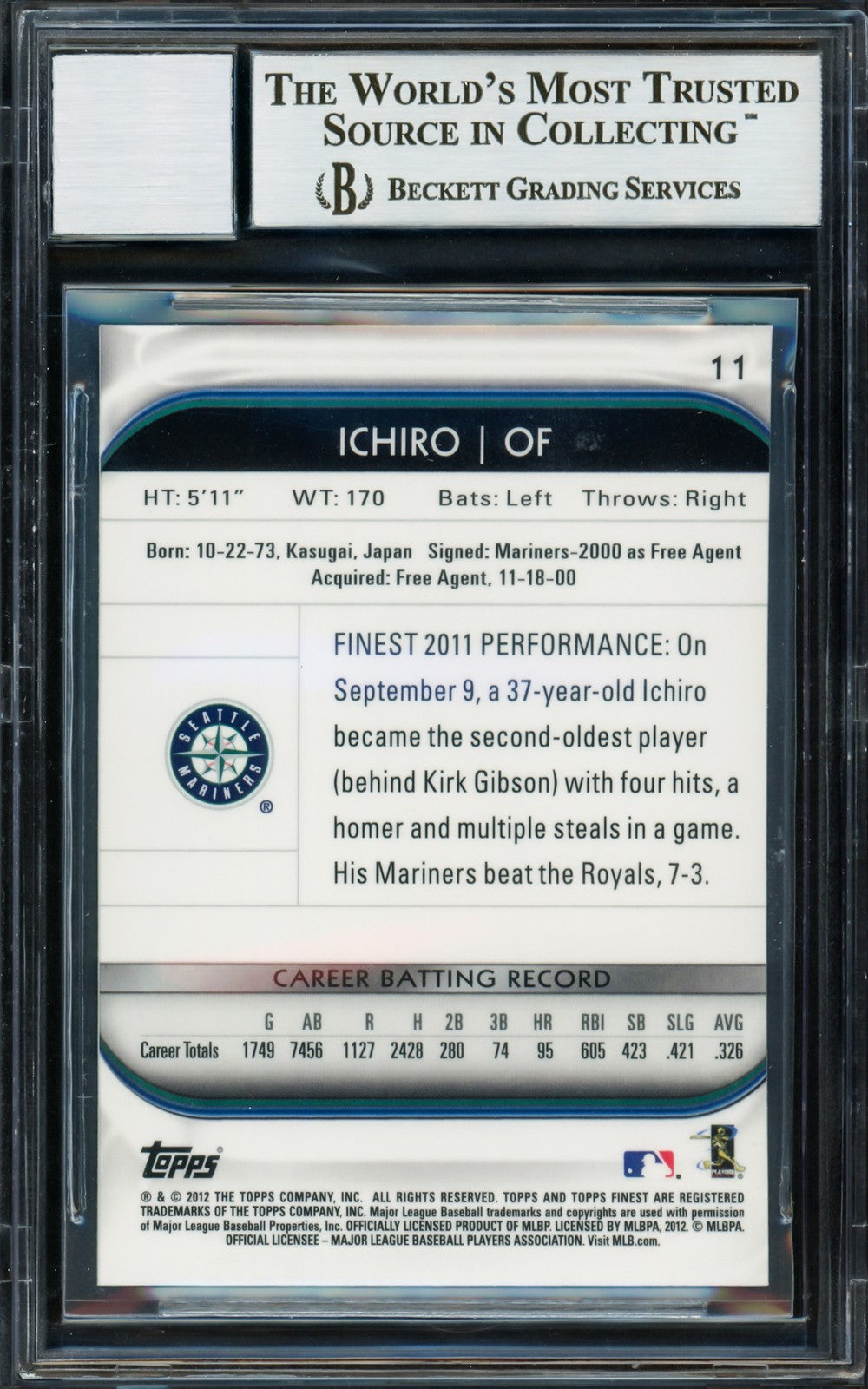 Ichiro Suzuki Signed 2012 Topps Finest Card 11 Mariners Auto GM 10 Beckett