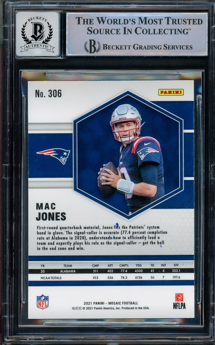 Mac Jones Signed 2021 Panini Mosaic RC 306 New England Patriots Auto 10 Beckett