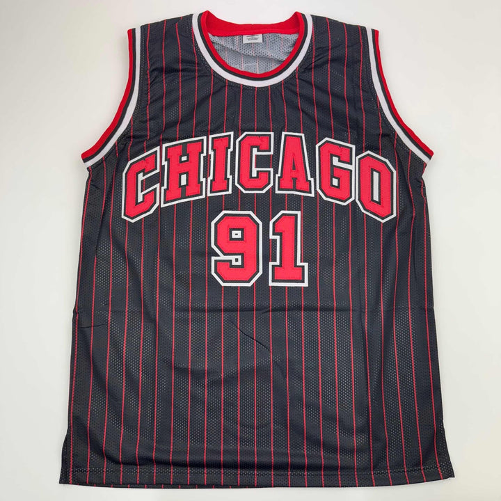 Autographed/Signed DENNIS RODMAN Chicago Pinstripe Jersey PSA/DNA COA