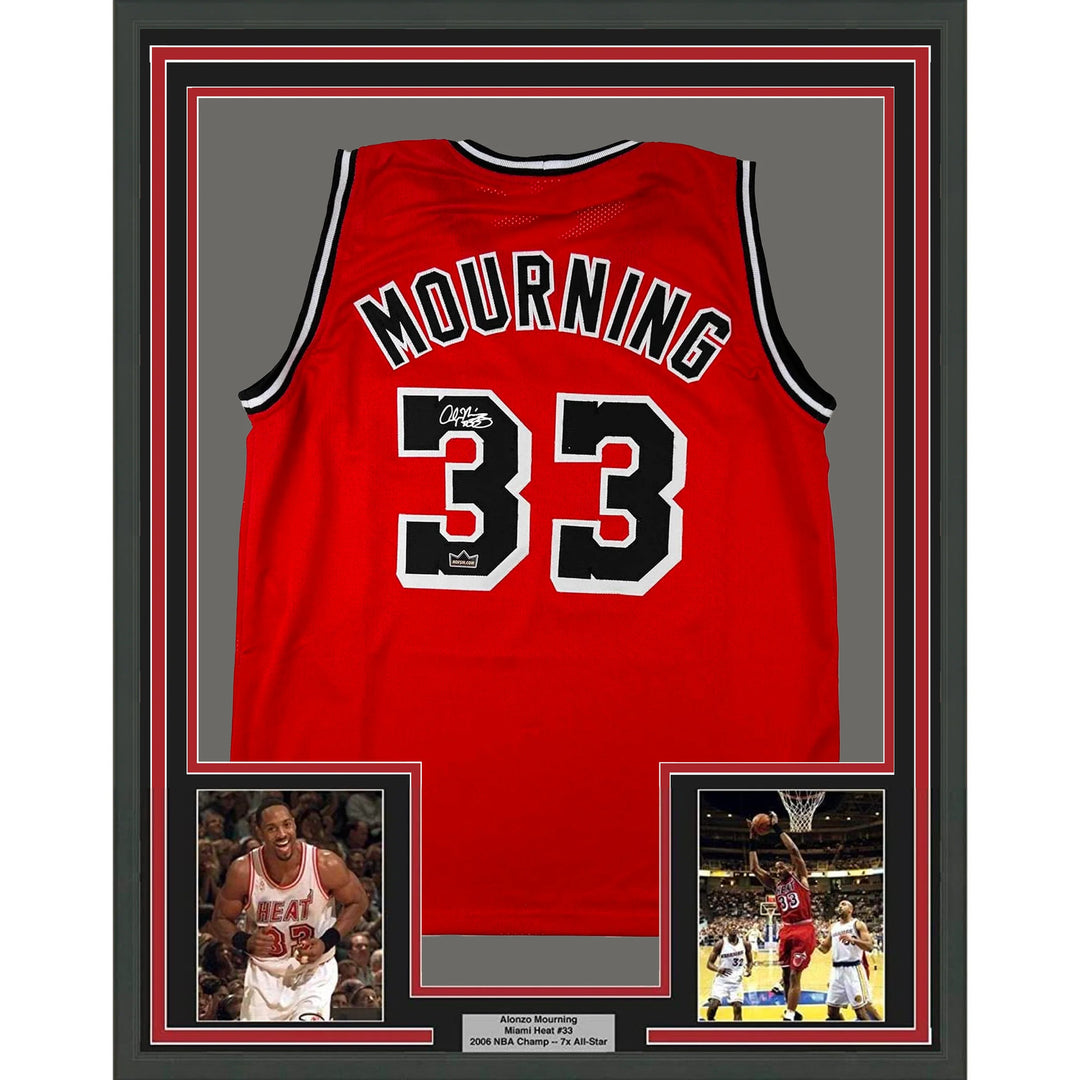 Framed Facsimile Autographed Alonzo Mourning 33x42 Red Reprint Laser Auto Jersey