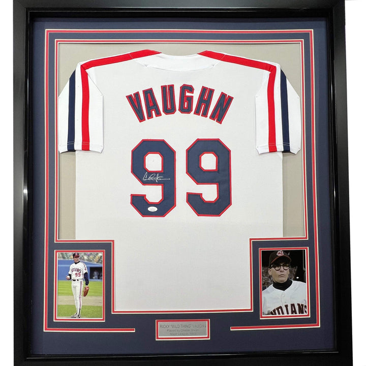 FRAMED Autographed/Signed CHARLIE SHEEN 33x42 Ricky Vaughn Movie Jersey JSA COA