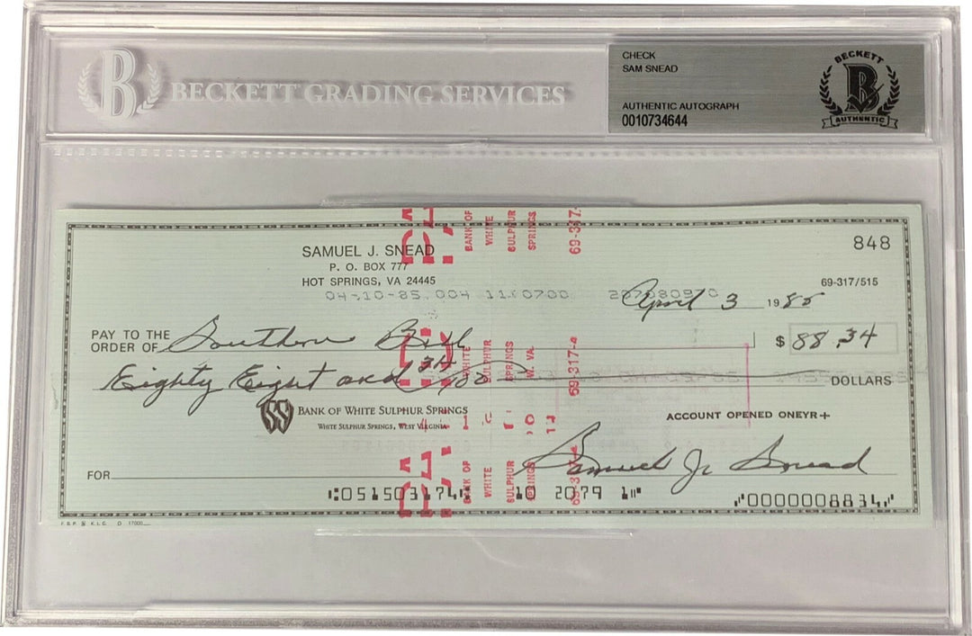 Sam Snead PGA/Golf 3x8 Bank Check Signed In Black Beckett BAS #0010734644