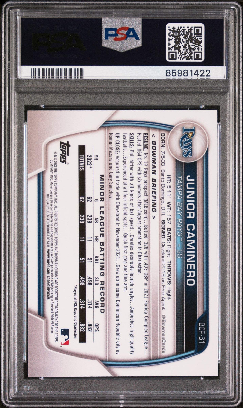 Graded 2023 Topps Bowman Junior Caminero #BCP61 Chrome Rookie RC Card PSA 10