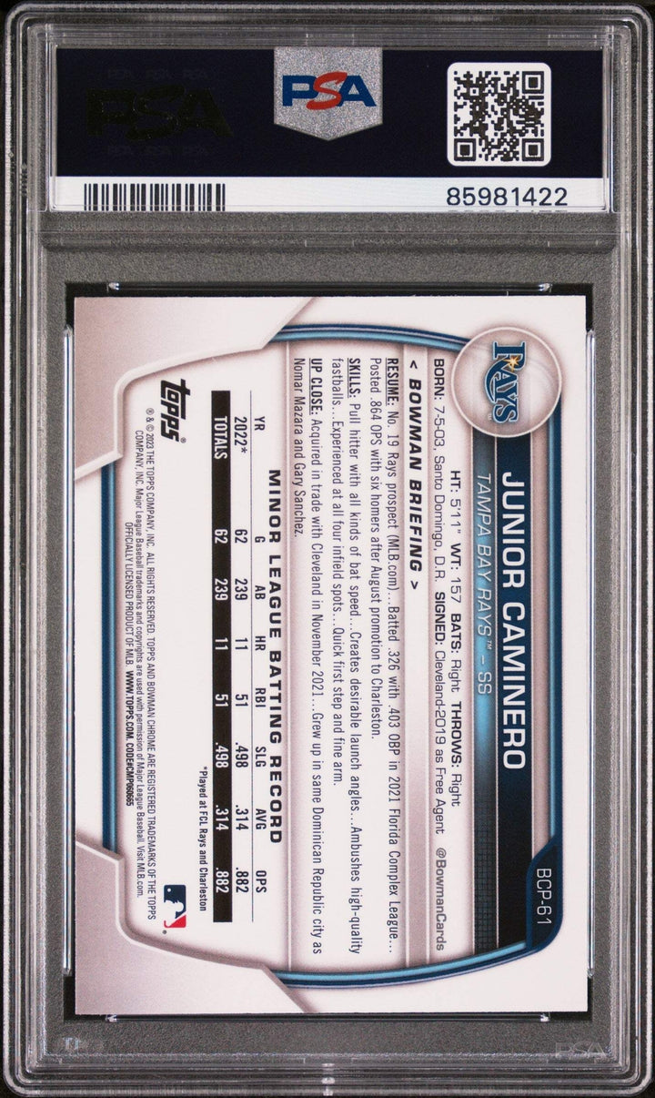 Graded 2023 Topps Bowman Junior Caminero #BCP61 Chrome Rookie RC Card PSA 10