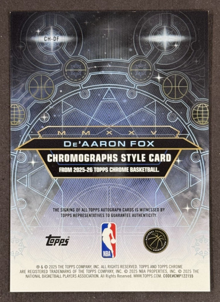 2025-26 Topps Chrome NBA De'Aaron Fox Chromographs Auto LE /99 SA Spurs