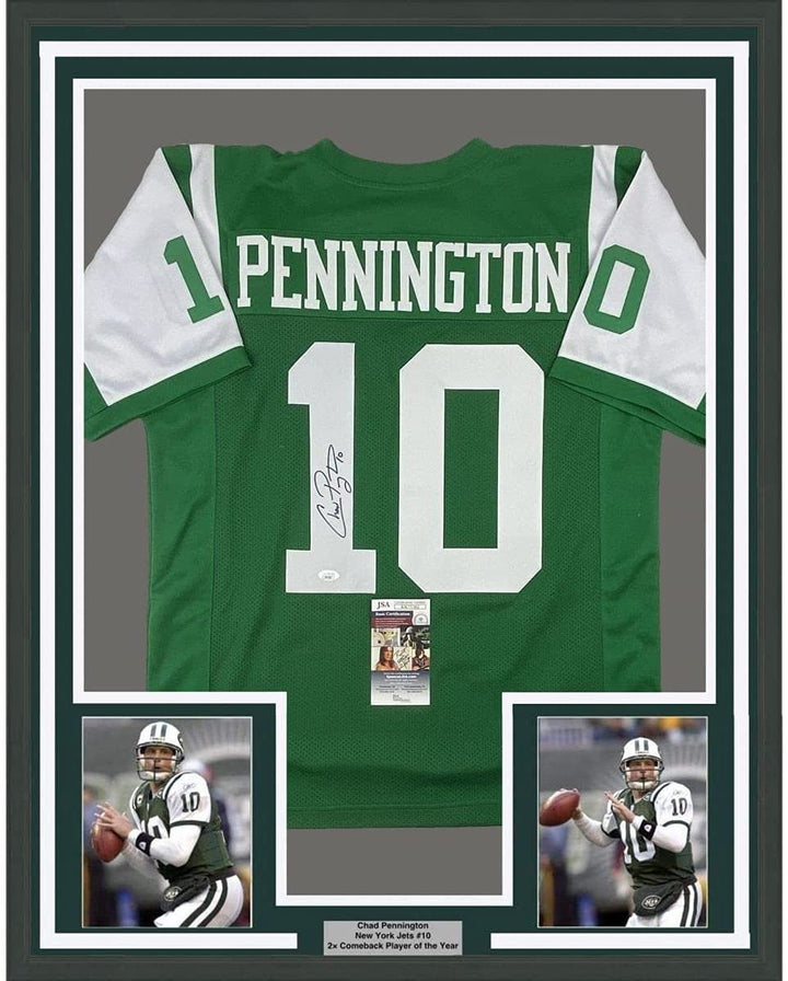 Framed Signed Chad Pennington 35x39 New York Green Jersey JSA COA