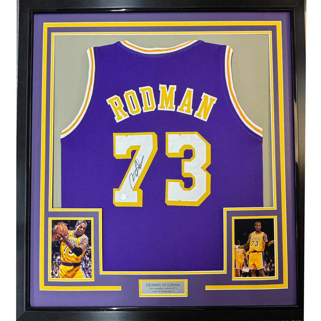 Framed Autographed/Signed Dennis Rodman 35x39 Los Angeles Purple Jersey PSA COA
