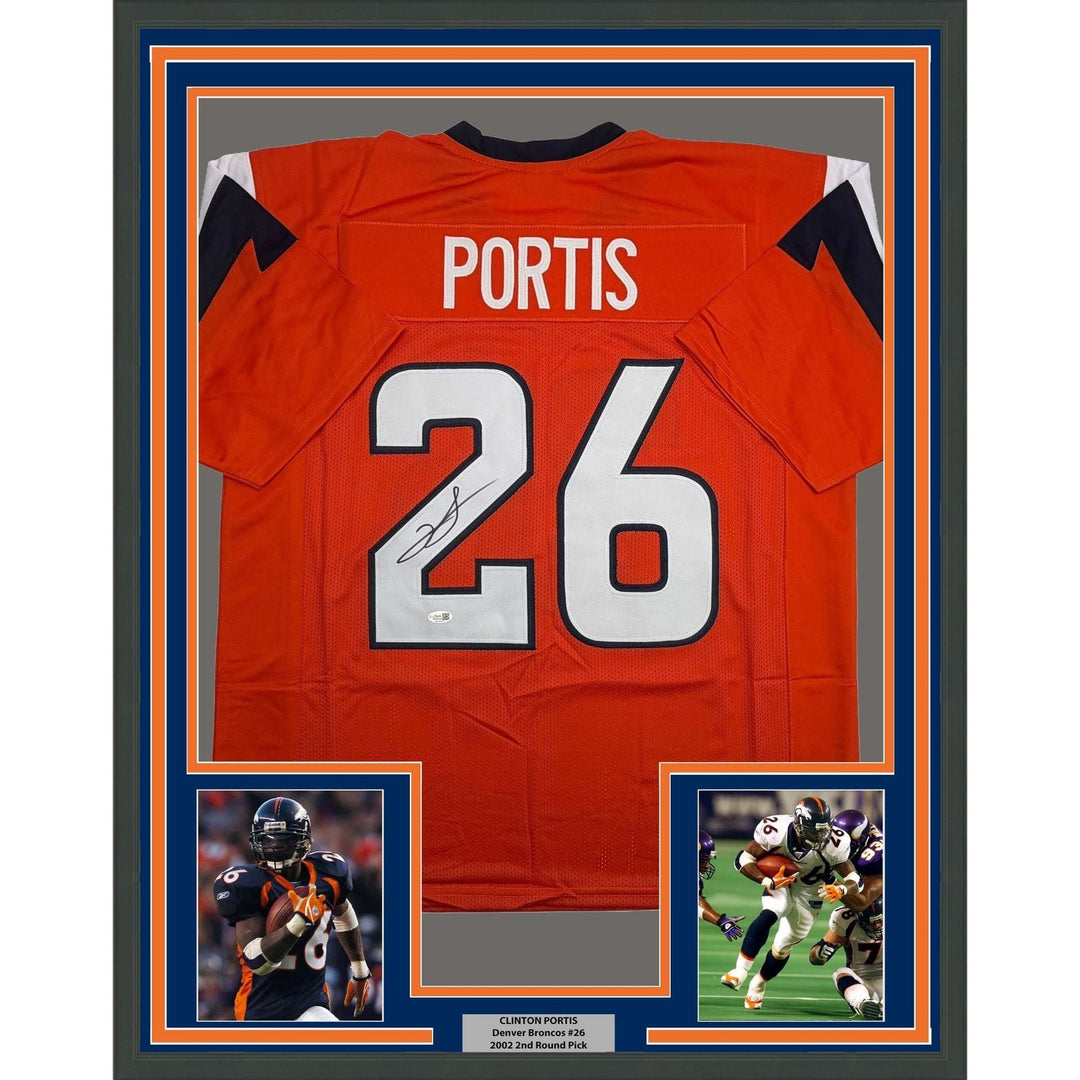 Framed Autographed/Signed Clinton Portis 35x39 Denver Orange Jersey JSA COA