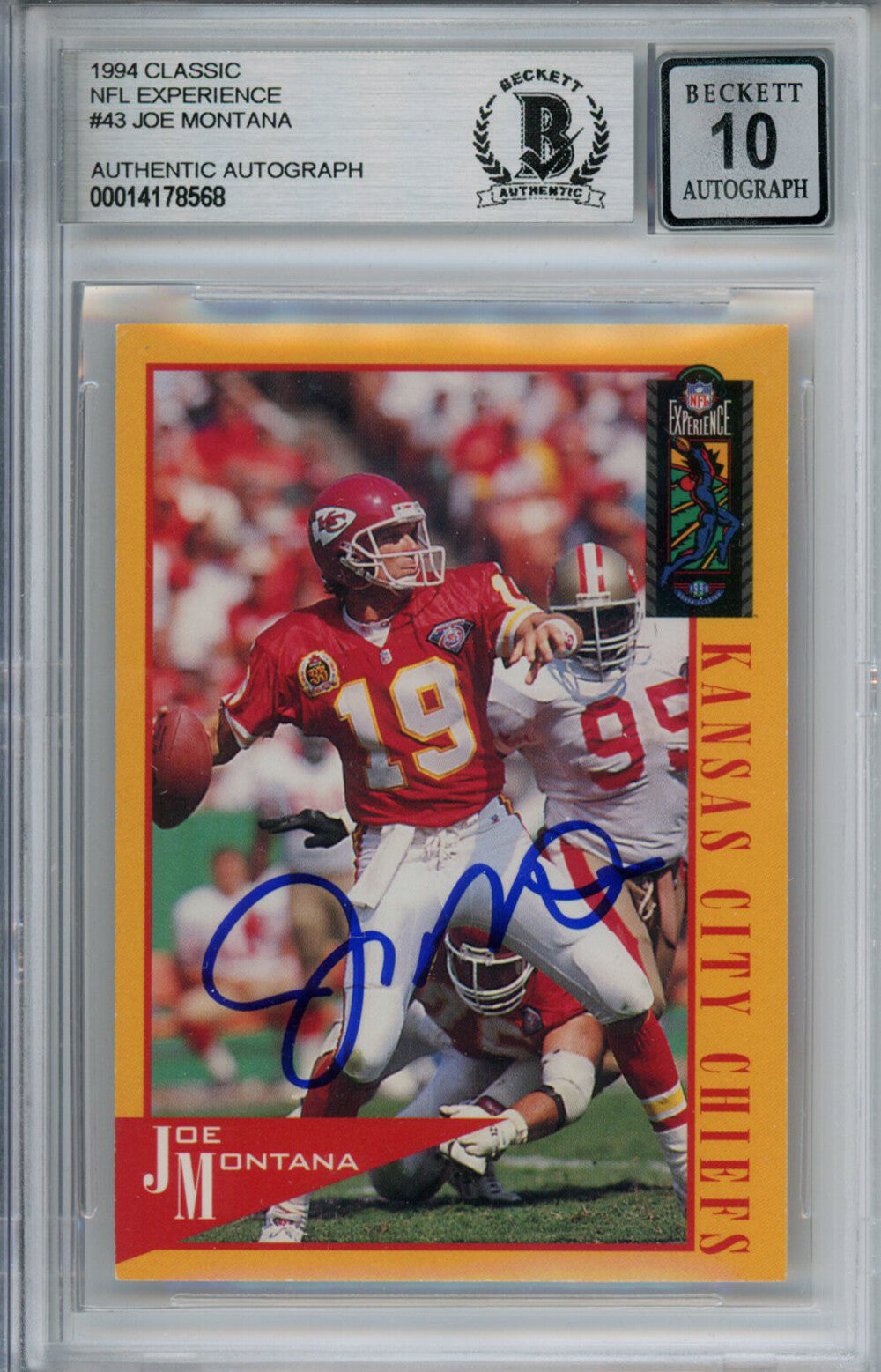 Joe Montana Autographed 1994 Classic #43 Trading Card Beckett 10 Slab 37500