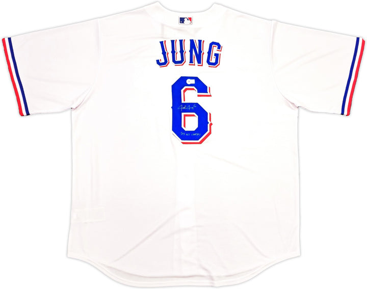 Rangers Josh Jung Signed White Nike Jersey Size 2XLT "23 WS Champs" Beckett Wit