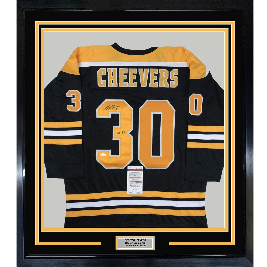 FRAMED Signed GERRY CHEEVERS HOF 35x39 Boston Black Jersey JSA COA