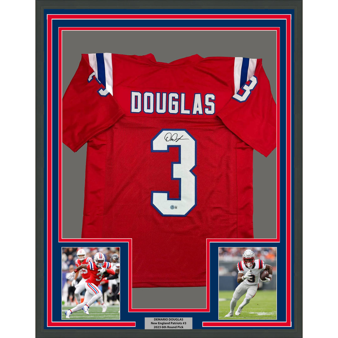 Framed Autographed/Signed DeMario Douglass 35x39 New England Red Jersey BAS COA