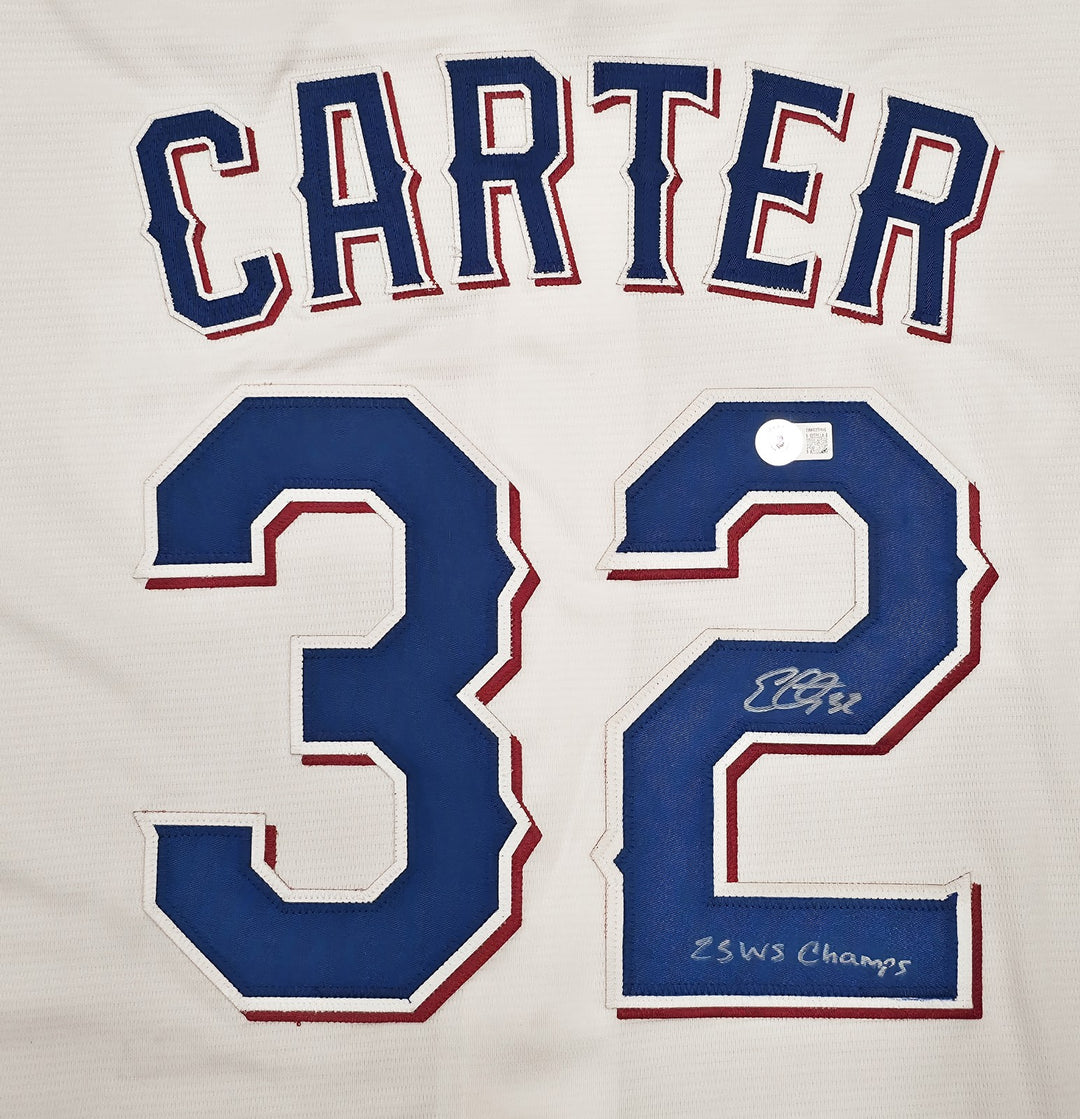 Rangers Evan Carter Signed White Nike Jersey Size M "23 WS Champs" Beckett Wit