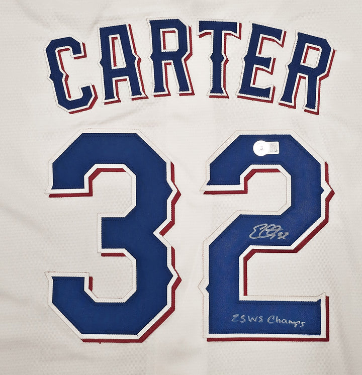 Rangers Evan Carter Signed White Nike Jersey Size M "23 WS Champs" Beckett Wit