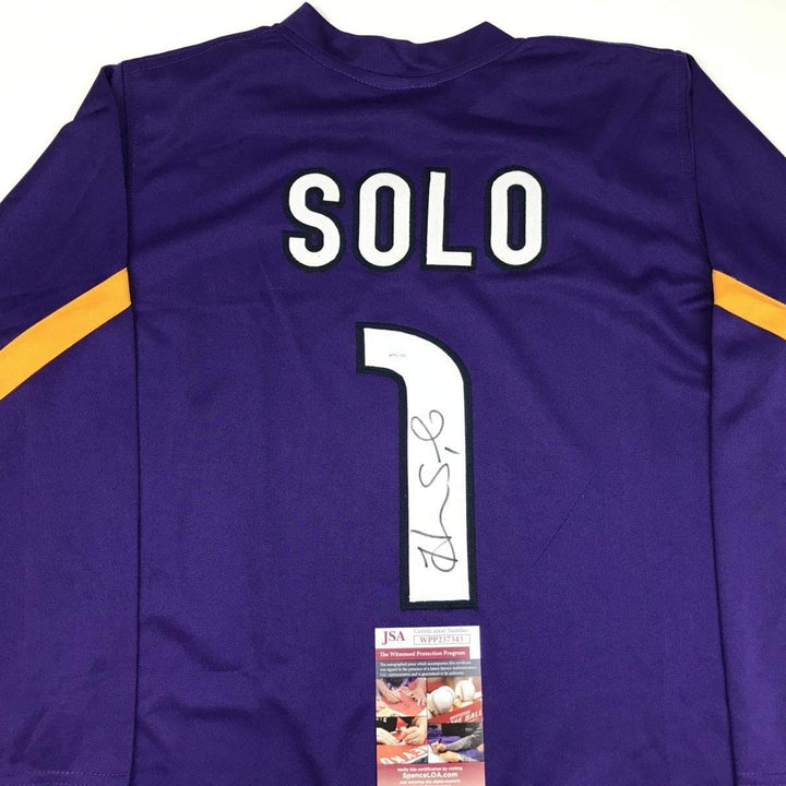 Autographed/Signed Hope Solo Purple Long Sleeve Team USA Jersey JSA COA