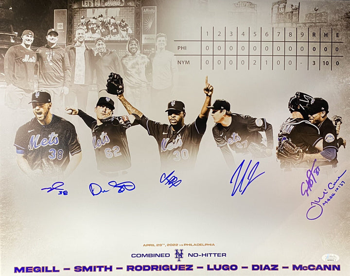 New York Mets 2022 No Hitter Signed 16x20 Photo Framed Diaz 6 Autograph JSA COA