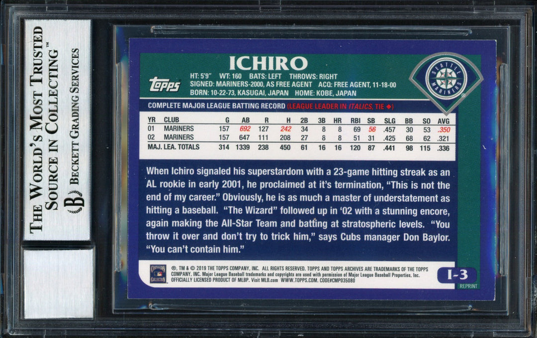 Ichiro Suzuki Signed 2019 Topps Archives Retrospective Card I-3 Auto 10 Beckett