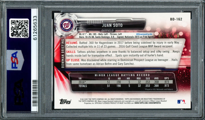 Juan Soto Signed 2017 Bowman Draft Blue RC BDC162 Mets PSA 8 #25/150 PSA/DNA
