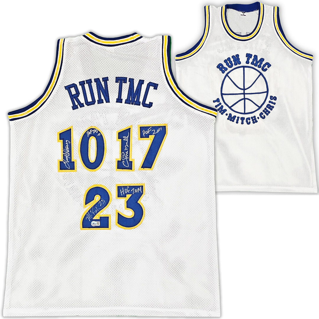 Warriors Chris Mullin, Tim Hardaway & Richmond Auto White Jersey Run TMC HOF BAS