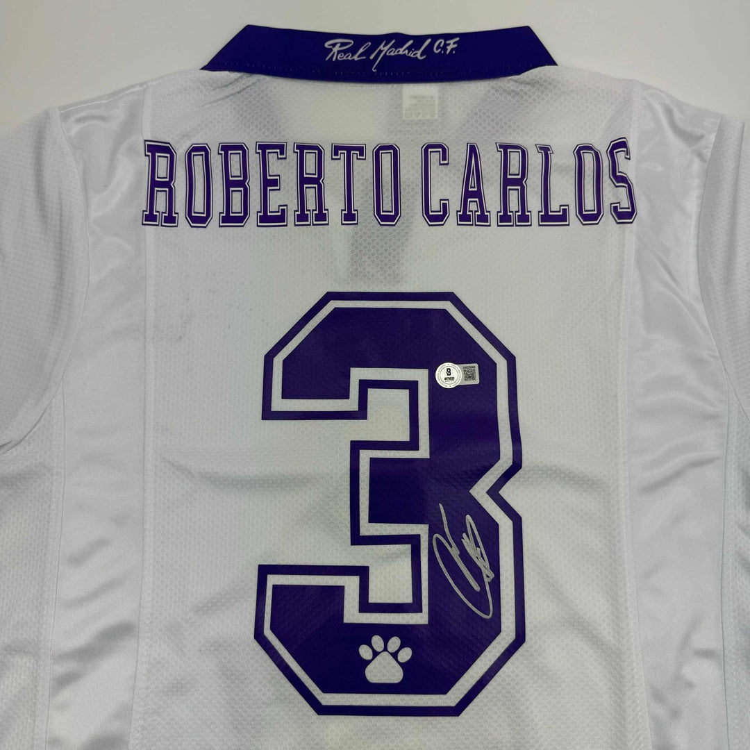 Autographed/Signed Roberto Carlos Real Madrid White Soccer Jersey Beckett COA