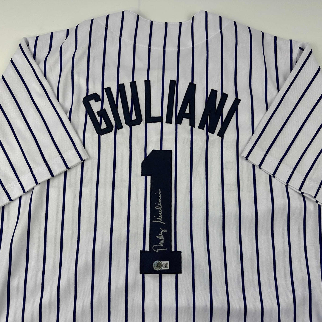 Autographed/Signed Rudy Giuliani New York Pinstripe Jersey Beckett BAS COA