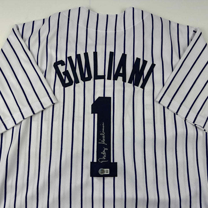Autographed/Signed Rudy Giuliani New York Pinstripe Jersey Beckett BAS COA