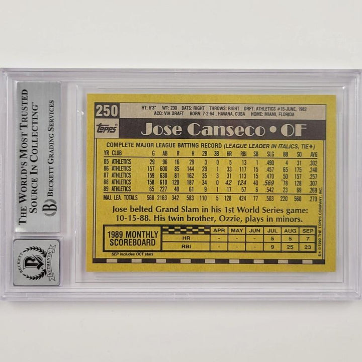 Jose Canseco signed 1990 Topps #250 card autograph 593 ~ Beckett BAS 10 auto