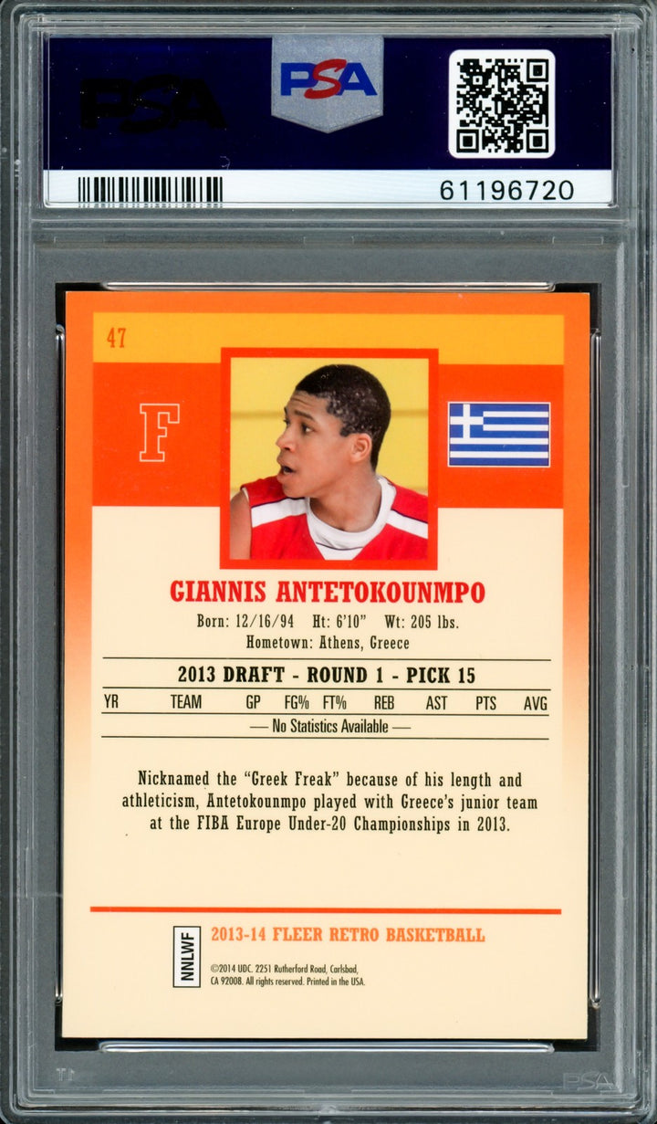 Giannis Antetokounmpo Auto 2013 Fleer Retro RC 47 Bucks PSA 9 Auto GM 10 PSA/DNA