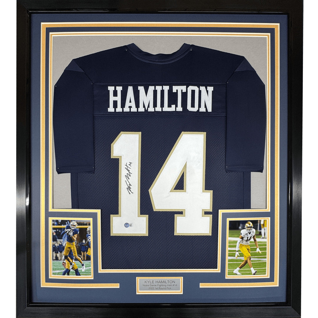 Framed Autographed Kyle Hamilton 35x39 Notre Dame Blue Jersey BAS COA