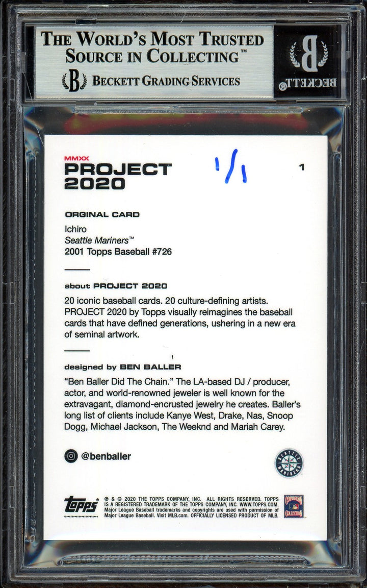 Ichiro Suzuki Signed Topps Project 2020 Ben Baller Card 1 311 BA #1/1 Beckett