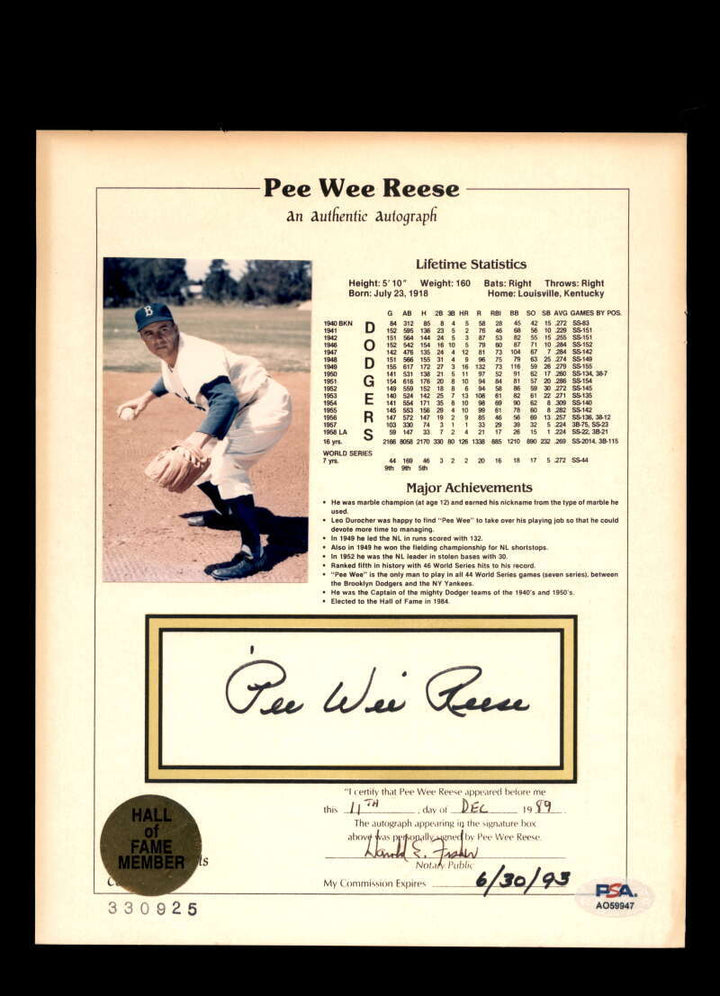 Pee Wee Reese PSA DNA Signed 8x10 Hall of Fame Stat Photo Autograph Dodgers