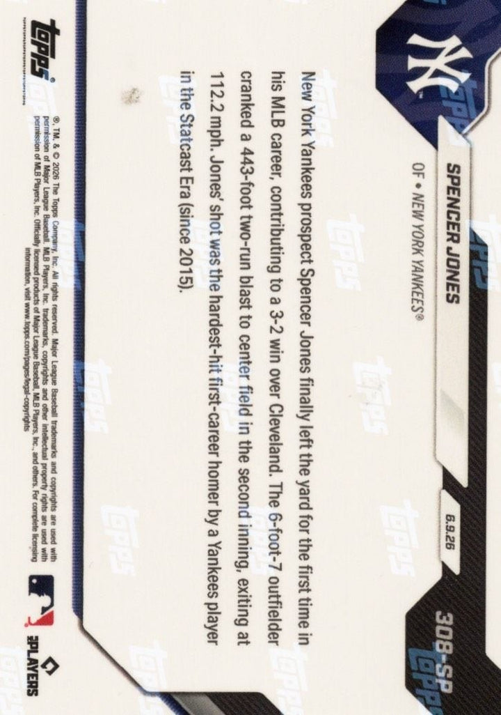 2026 Topps Now Spencer Jones #308SP New York Yankees Rookie Baseball Card