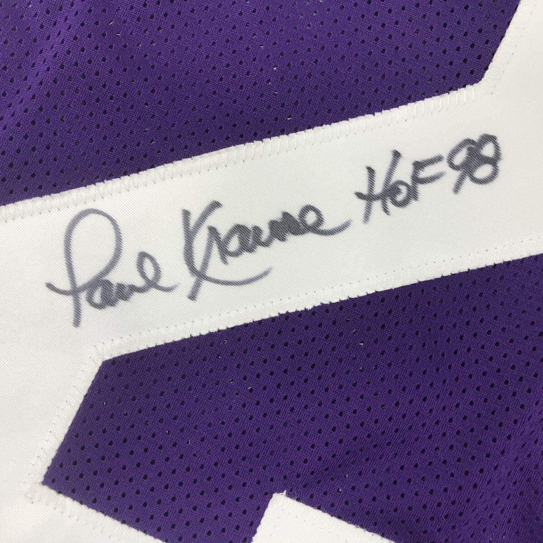 Autographed/Signed PAUL KRAUSE HOF 98 Minnesota Purple Football Jersey JSA COA
