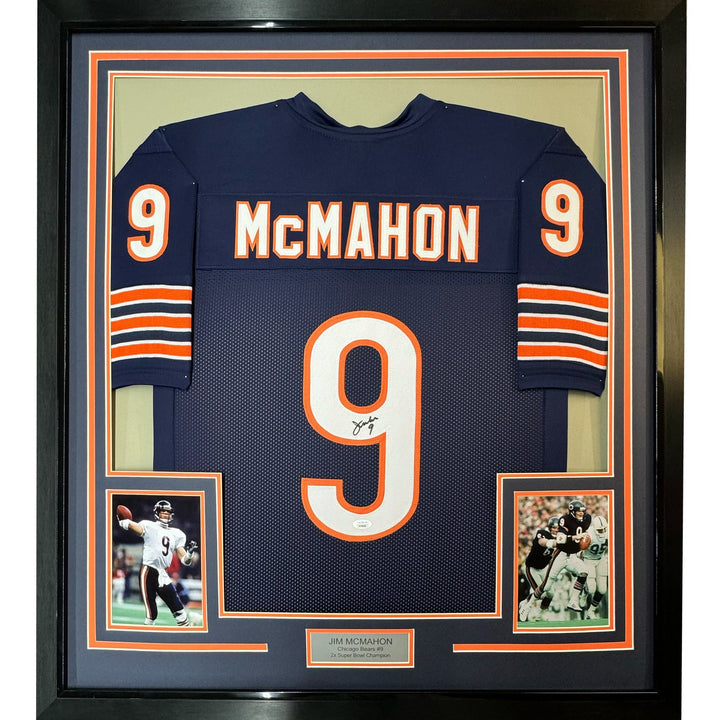 Framed Autographed/Signed Jim McMahon 33x42 Chicago Blue Jersey Beckett COA