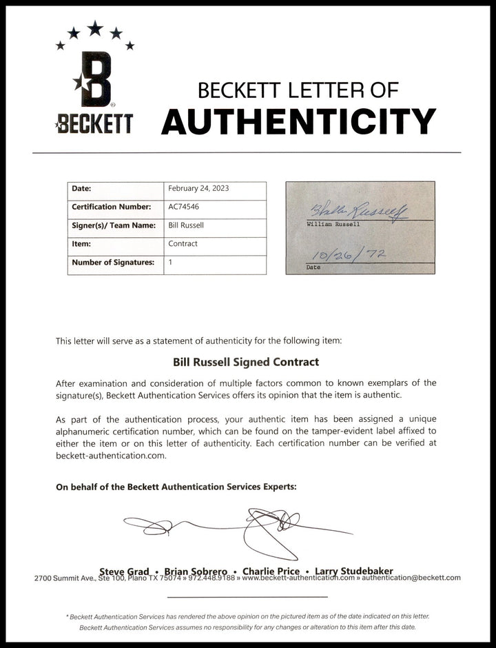 Bill Russell Signed 1972 Advertising Document Contract Celtics Beckett #AC74546