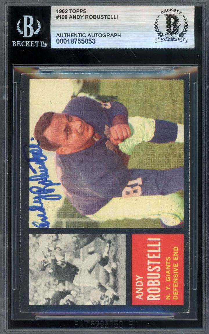 Andy Robustelli Beckett BAS Signed 1962 Topps Autograph Giants