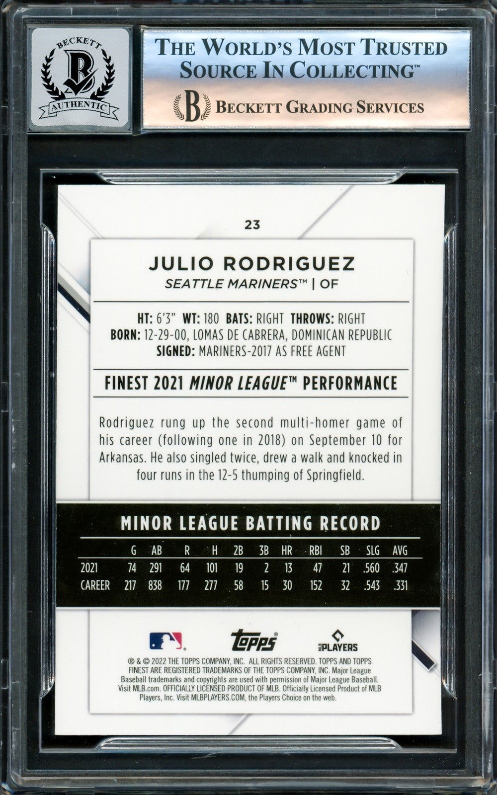 Julio Rodriguez Signed 2022 Topps Finest RC 23 Mariners Auto GM 10 Beckett