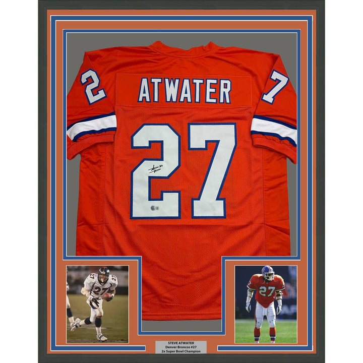 Framed Signed Steve Atwater 35x39 Denver Retro Orange Jersey BAS COA