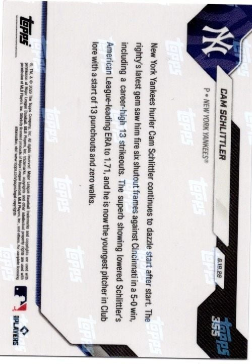 2026 Topps Now Cam Schlittler #355 Orange Foil /25 Rookie RC Baseball Card