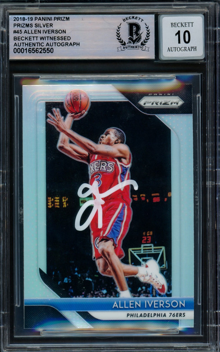 Allen Iverson Auto 2018-19 Panini Prizm Silver Card 45 76ers Sig 10 Beckett Wit