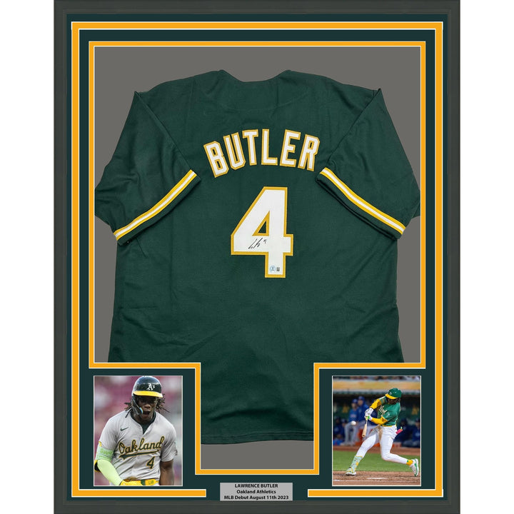 Framed Signed Lawrence Butler 35x39 Oakland Green Jersey Beckett COA
