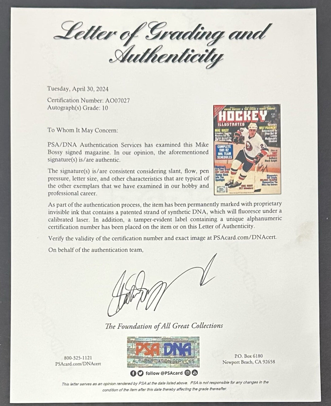 Mike Bossy Signed Hockey Full Magazine 1982 PSA 10 Gem Mint Auto Islanders LOA