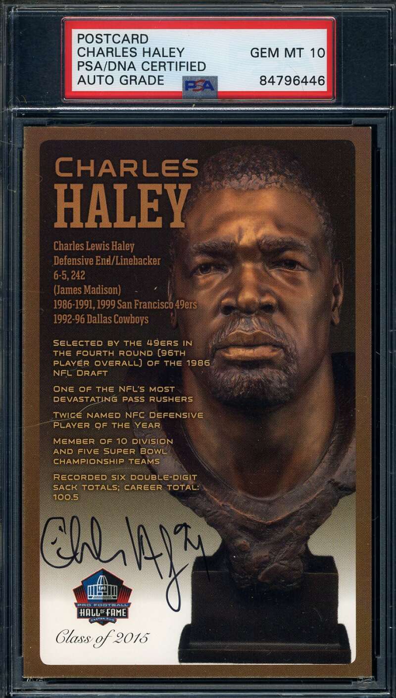 Charles Haley Gem Mint 10 PSA DNA Signed HOF Bronze Bust Postcard Autograph