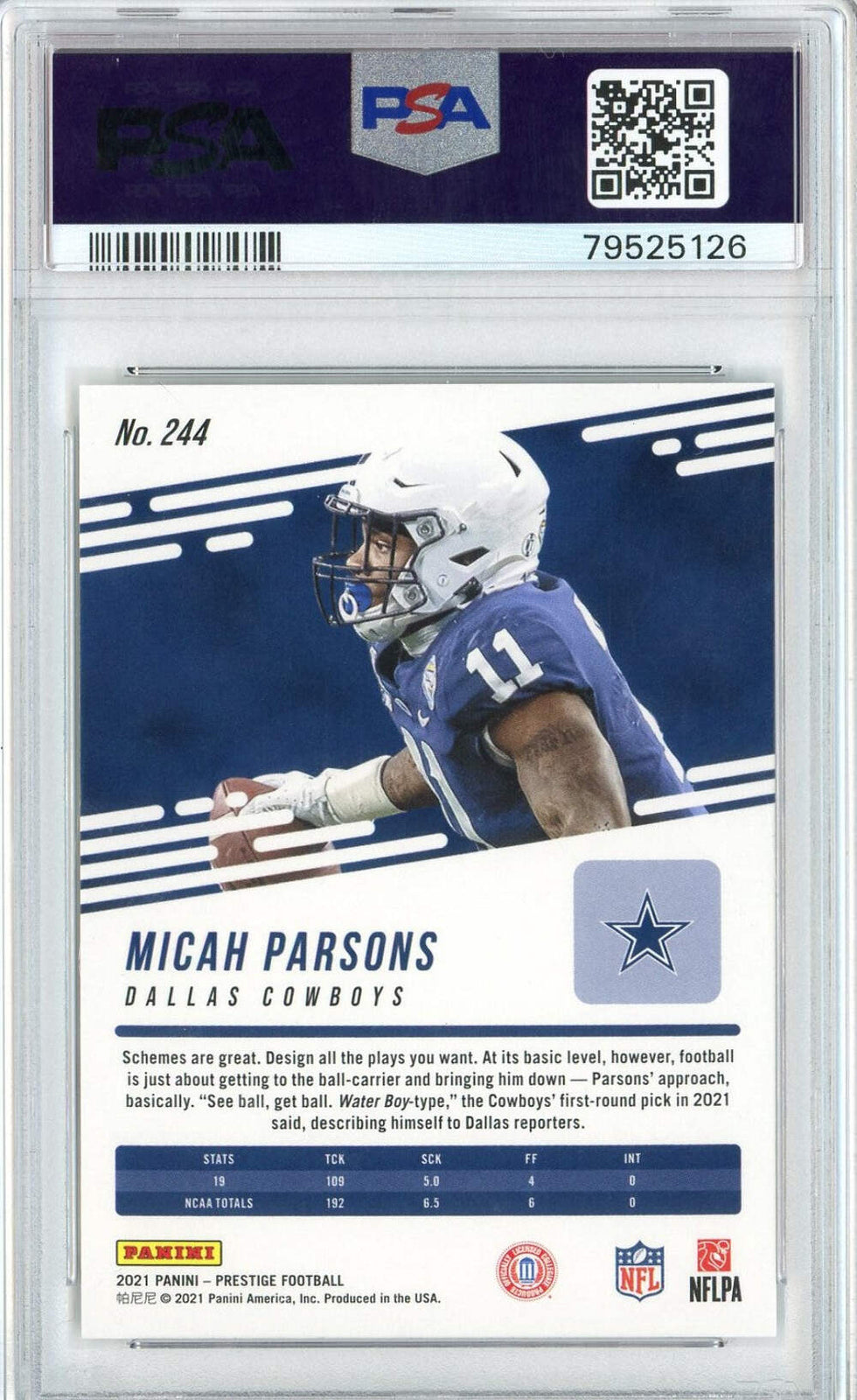 Graded 2021 Panini Prestige Micah Parsons #244 Rookie RC Football Card PSA 10