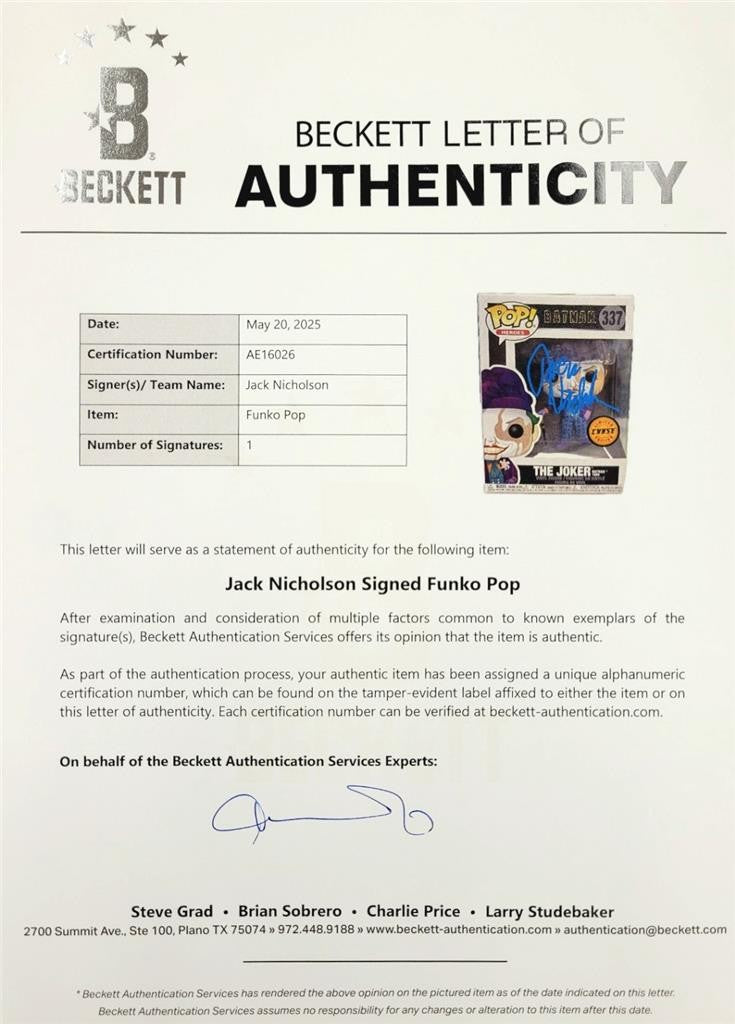 Jack Nicholson signed The Joker Chase Funko Pop! 337 autograph ~ Beckett BAS